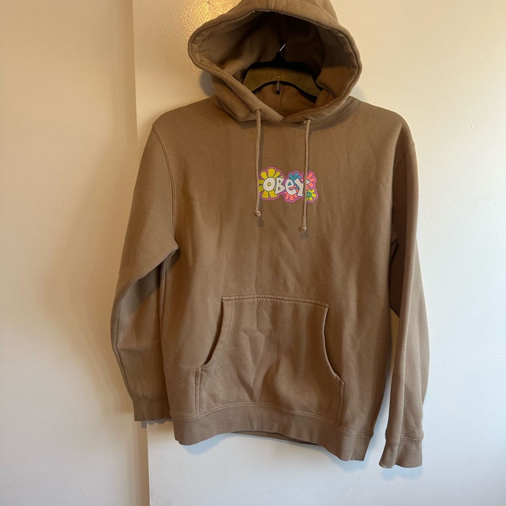 Obey Tan Crewneck Hoodie with Colorful Floral Logo